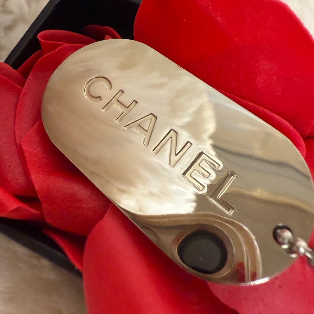 CHANEL STRIPED DOG TAG KEY RING